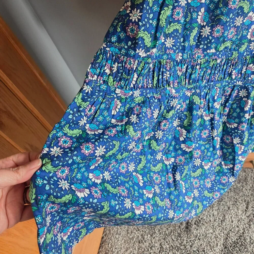 LOFT Blue Floral Shirred Flounce Maxi Dress 100% Cotton Sz XXS - Picture 6 of 9